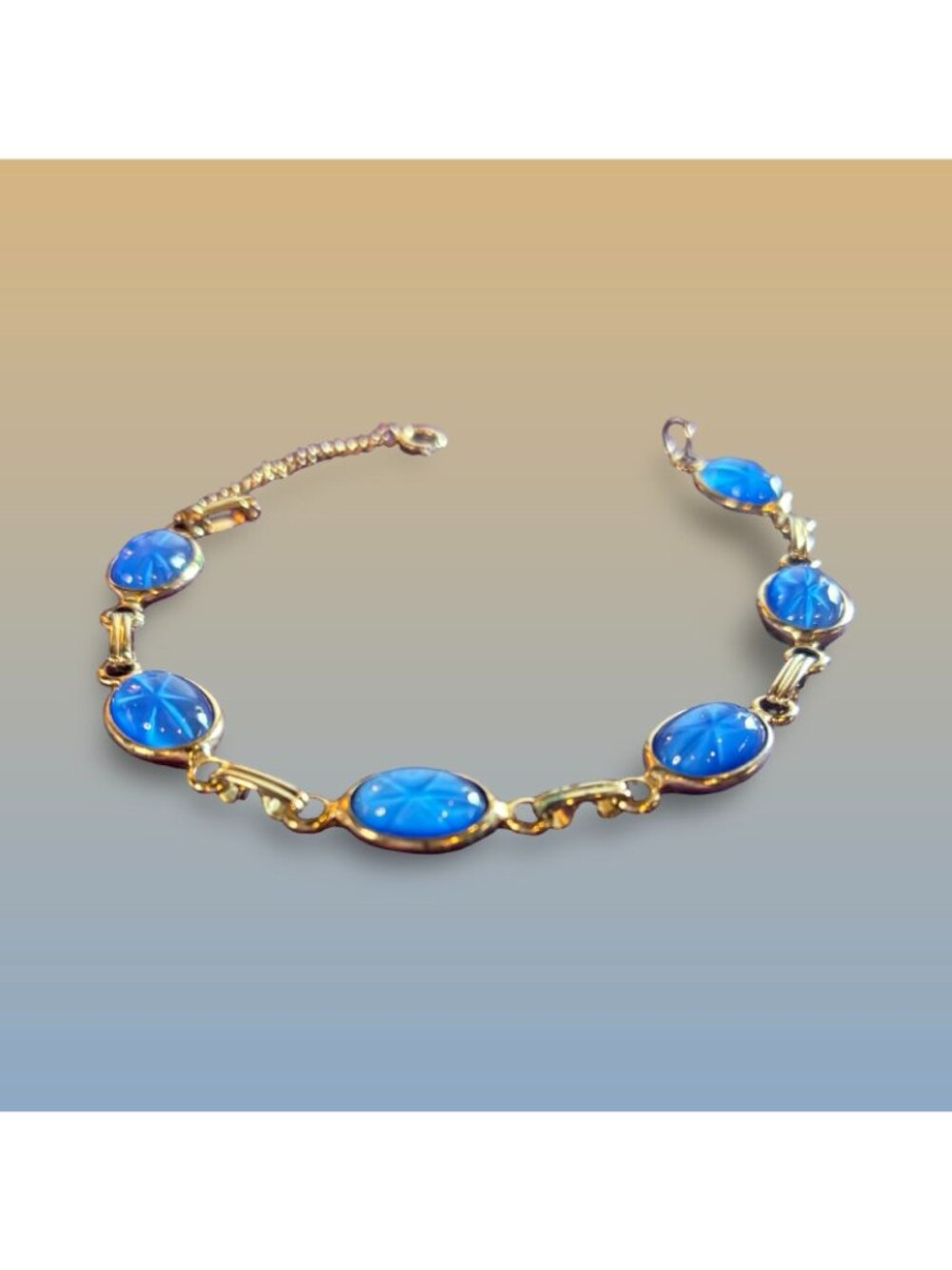 Blue Star Glass Oval Link Bracelet With Gold-Tone Chain & Clasp Vintage Gift - Picture 5 of 9
